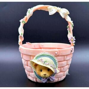 Cherished Teddies Decorative Pink Woven Basket Bear Face Accent